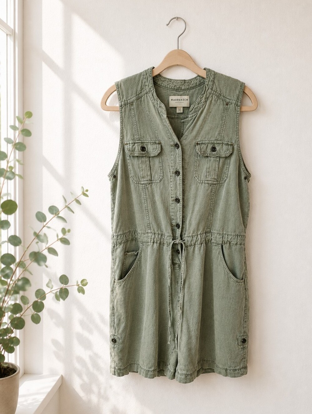 Marrakech Anthropologie Women L Green Linen Blend Utility Romper Drawstring - Picture 1 of 9